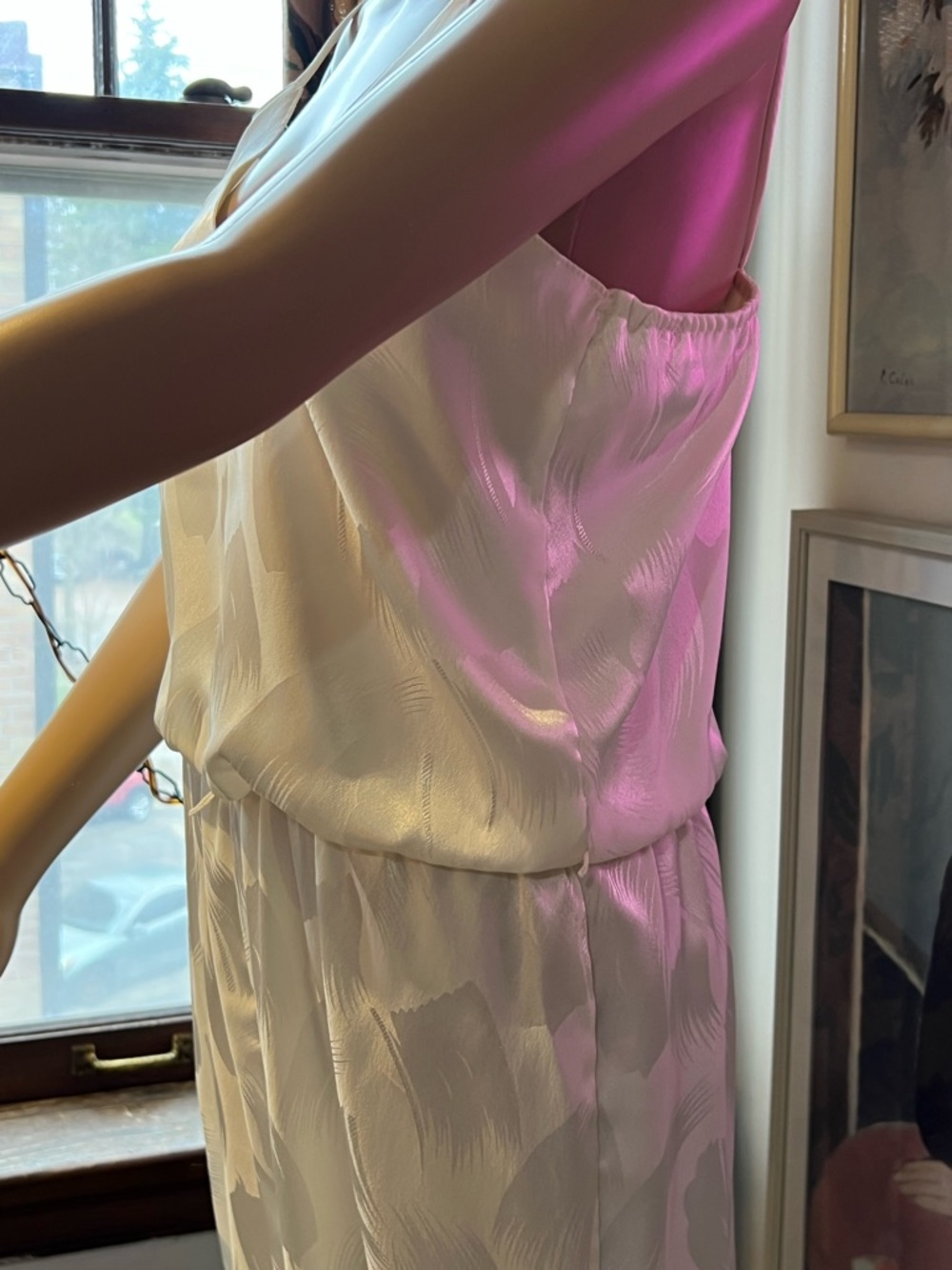 70s Disco Styling Creamy White Satin/Matte V-Neck Jumpsuit with Spaghetti Straps - Picture 9 of 14